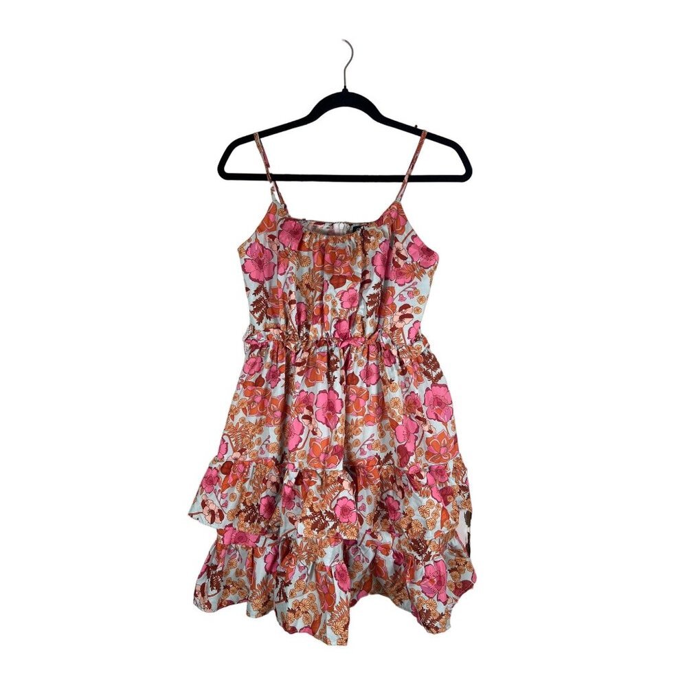 CBR Women Size S Ruffle Dress Blue and Pink Tropical Floral Adj Spaghetti Straps
